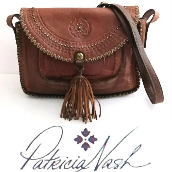 Patricia Nash Beamont Crossbody Distressed Cognac Leather Tassel Flap Front