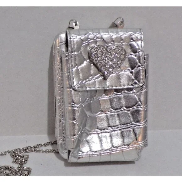 Crossbody Rhinestone‎ Silver Heart Change Credit Card ID Pouch Chain Strap Snap