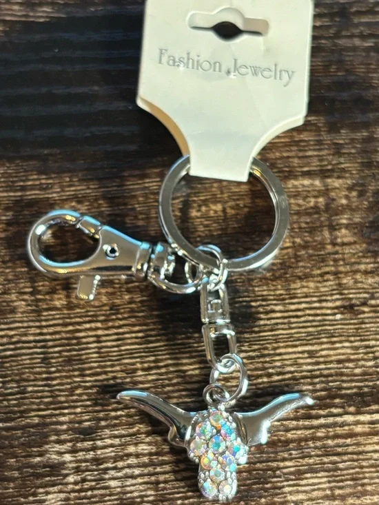 Silver Tone Iridescent Crystal Longhorn Bull Charm Keychain