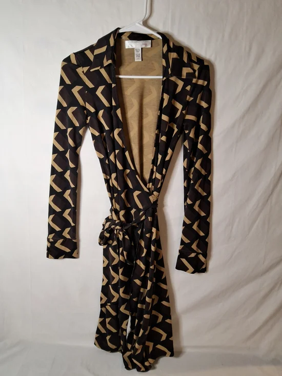 Vintage Diane Von Furstenberg Brown and Tan Geometric Silk Wrap Dress