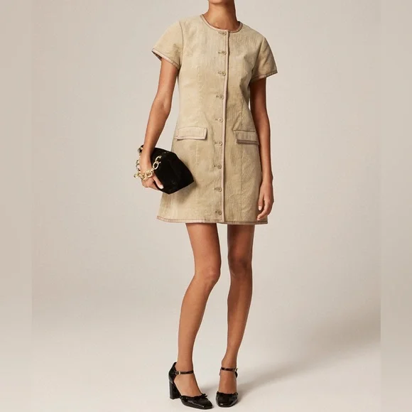 J Crew Parc Corduroy Collarless Stretch Beige Buckthorn Dress 12 Tall