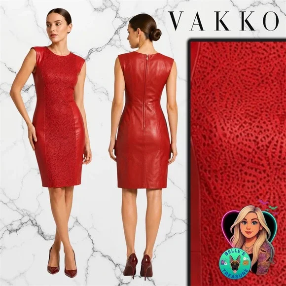 Vakko Women's 2 Red Leather Laser Cut Lace Front Sheath Dress Sleeveless 90s