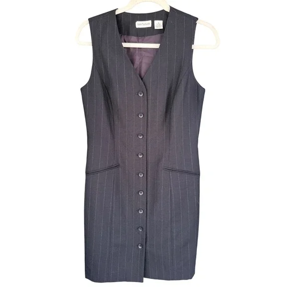 C1 Y2K Ann Taylor Vintage Wool Pinstripe Vest Dress Sleeveless Button Navy Blue
