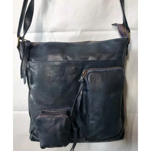 Estalon Purse Dark Blue Leather‎ Top Zip Crossbody Outside Pockets Boho Artsy