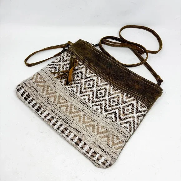 Myra Bag Geometric Woven Canvas Leather Crossbody Bag Brown Tan Olive Boho