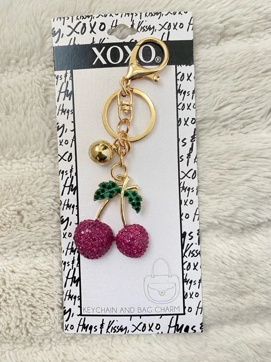 XOXO Cherry Crystal Gold Pink & Green Keychain Bag Charm