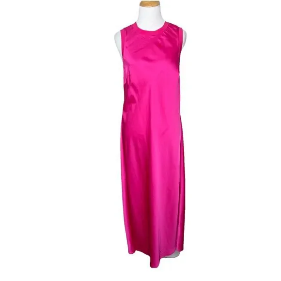 Scoop Crew Neck Satin Midi Tank Dress Classic Fit Bright Pink Size Medium 8-10