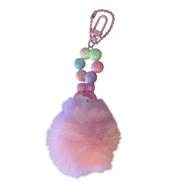 Pink Fluffy Pom Hello‎ Kitty Bunny Charm Rainbow Beads Keychain Bag Charm