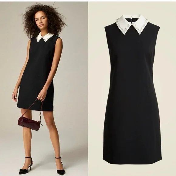NWT J CREW Embellished collared shift dress in black stretch crepe size 6