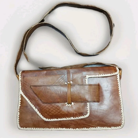 70's Handmade Leather Patchwork Clutch African Moroccan? Flap Closure X Body