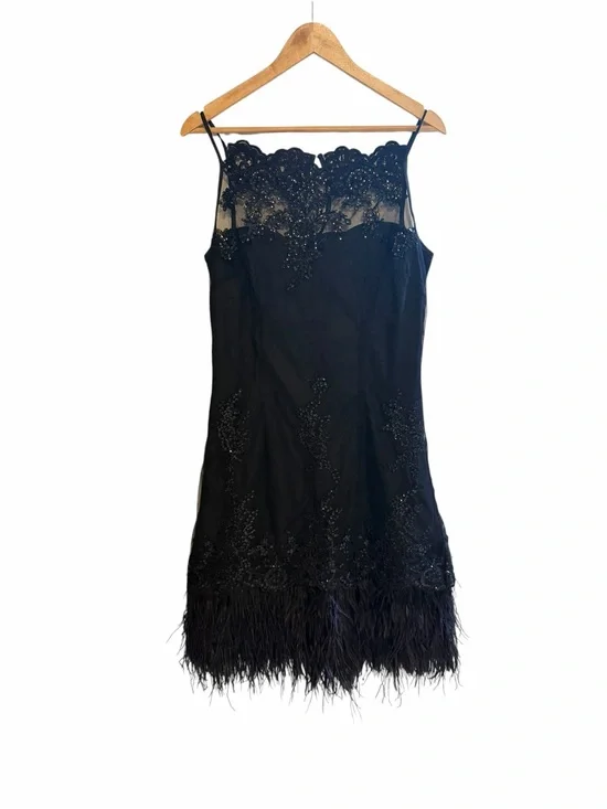 Frank Lyman Design Black Beaded Lace Slip Dress with Feather Hem