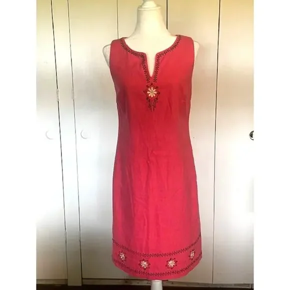 Sag Harbor Women Size 8 Sleeveless Linen Dress Fuschia‎ Pink w/ Embroidery