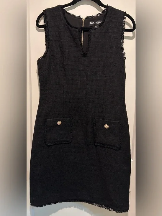 Karl Lagerfeld Paris Black Tweed Fringe Shift Dress Gold Button Quiet Luxury 8