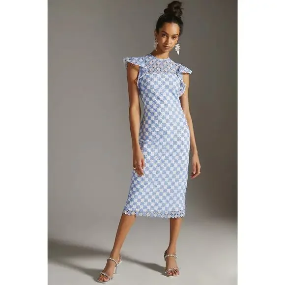 SHOSHANNA Rachel Ruffle Lace Midi Dress Size 12 Blue & White Wedding Guest