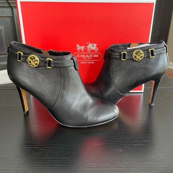 Coach Salene Cow Safari Black Leather Zip Up Ankle Booties Size 6 Almond Toe
