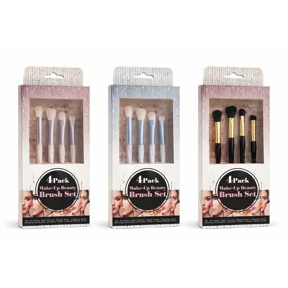 4Pc Makeup Brush Set Contour Blending Eyeshadow Crease Pink Blue Black