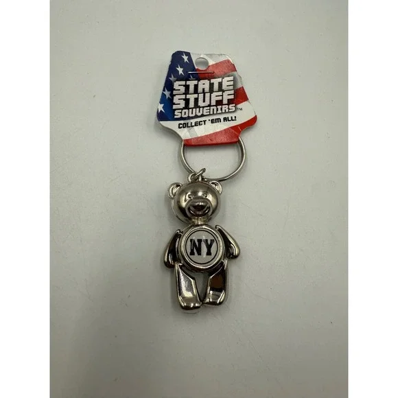 State Stuff Souvenirs New York NY Teddy Bear Keychain Silver Tone Metal New
