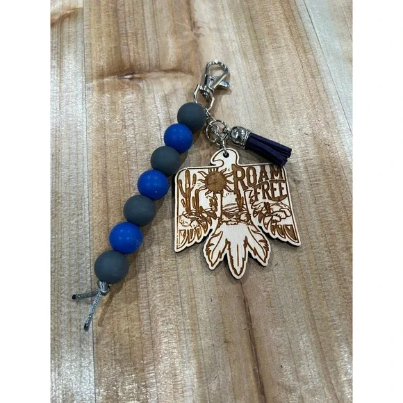 Roam Free Blue and Gray‎ Silicone Bead Lobster Clasp Keychain Purse Charm Wood