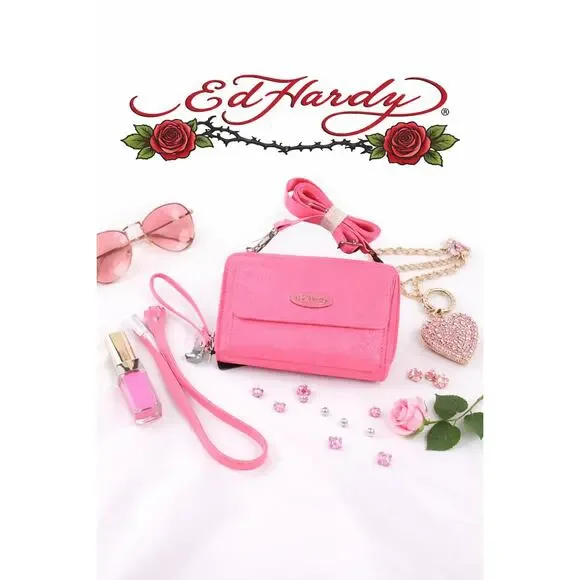 Ed Hardy Fuchsia Pink 3-in-1 Phone Wallet Crossbody