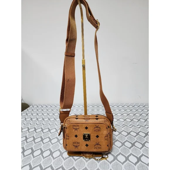 MCM Visetos Mini Leather Aren Crossbody Bag Brown