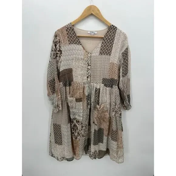Patchwork Babydoll Tunic Mini Dress Sz L Boho Cottagecore Earthy Peasant Crunchy