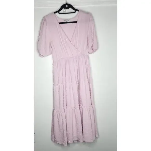 Ophelia Roe Dress Womens Medium Pink Textured Tiered Midi V Neck Puff Sleeve