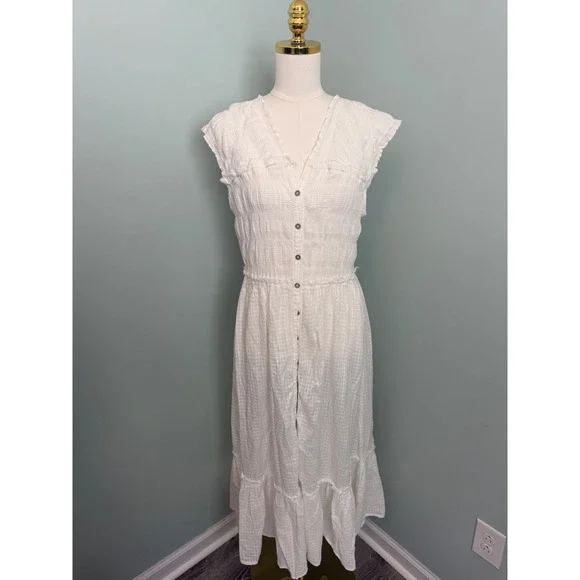 Free People White Smocked Button Down Textured Gauze Midi Dress Sleeveless