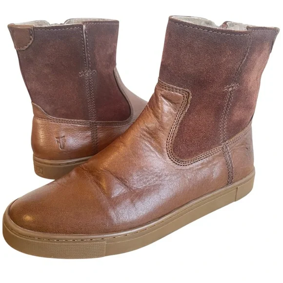Frye Gemma Short Shearling Leather and Suede Boots in Cognac Brown Size 6.5