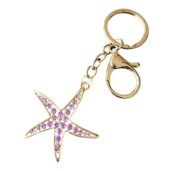 Women's Gold Tone Purple Rhinestone Starfish Charm Key Chain 4