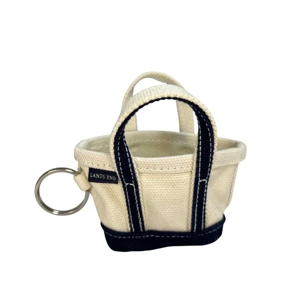 Lands End Mini Canvas Tote Bag Keychain Cream Navy Blue Boat and Tote Accessory