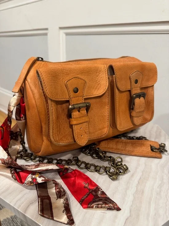 Free People Dylan Brown Distressed Leather Duffle Crossbody