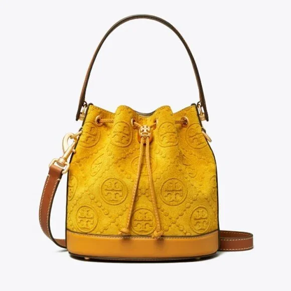 NEW! Tory Burch T-Monogram SUEDE EMBOSSED Bucket -large Claret (Deep Sunflower)