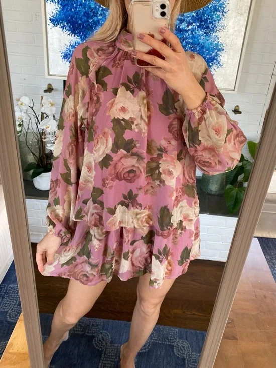 BEBOP Floral Mauve Long-Sleeve Ruffled Mini Dress! 🌸
