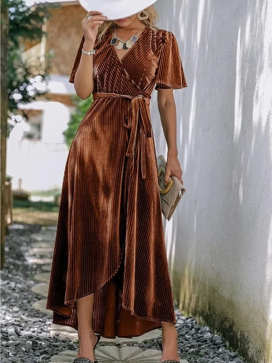 Women’s Burnt Orange Velvet Wrap Midi Dress XS Pleated Short Sleeve