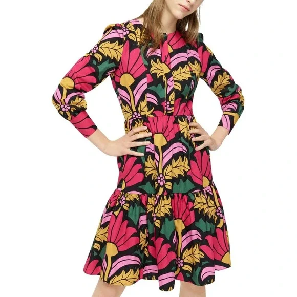 J Crew Ratti Grandi Fiori Tiered Popover Dress Pink Floral Cotton 6
