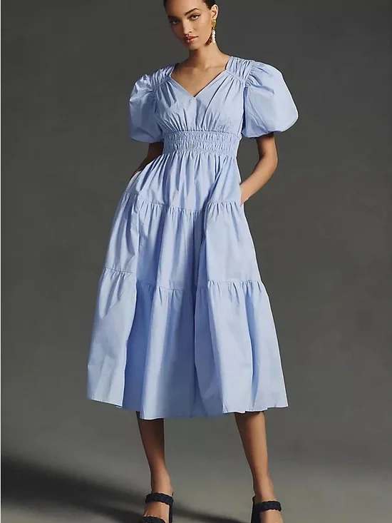 Moon River Anthropologie Light Blue Puff-Sleeve Tiered Midi Dress