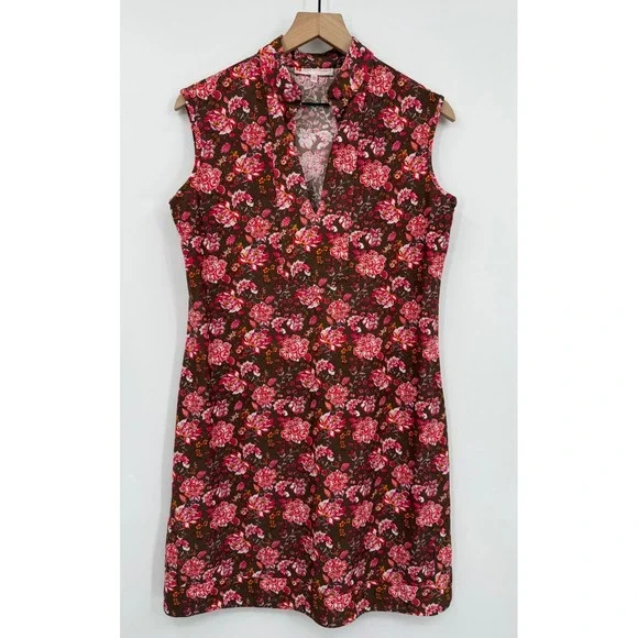 Jude Connally Dress Womens Medium Brown Pink Floral Sleeveless V-Neck Shift