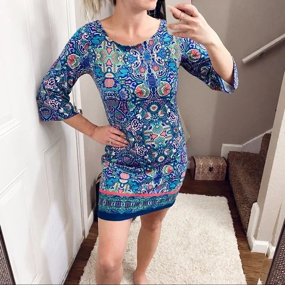 Laundry by Shelli Segal blue spring print flare sleeve shift dress size XS