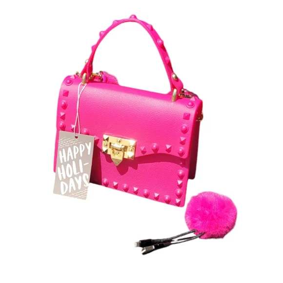 Studded Jelly Small‎ Crossbody Purse/Handbag with Pom USB