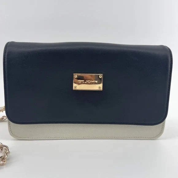 ST JOHN Black Cream Leather Removable Chain strap Crossbody Handbag Clutch Purse