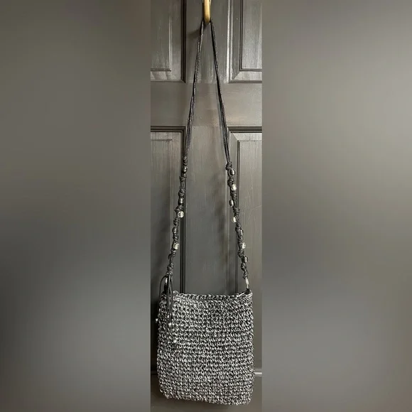 Sun’N’Sand Black Crochet/Woven Crossbody Bag with Metallic Silver Thread & Beads