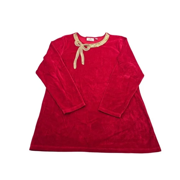 Velour‎ Christmas Top Large Red Gold Sequin Sparkle Shine Holiday Shirt A217254