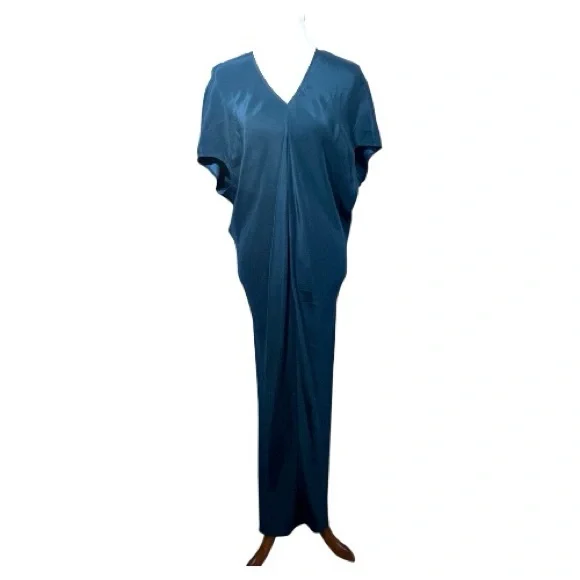 Marie Oliver 100% Silk Kaftan Maxi Dress Blue XS Resort Caftan V-Neck Luxury
