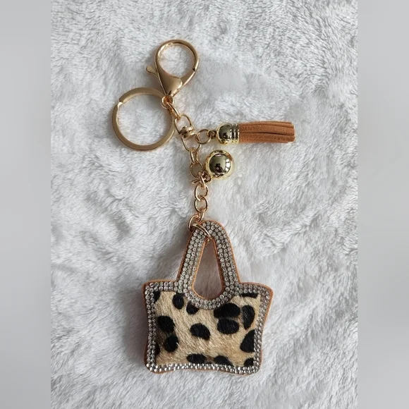 Leopard Print Purse Tote Keychain with Gold Accents