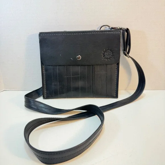 Bicycle Trash Crossbody Bag Black Recycled Inner Tube Leather Eco Friendly