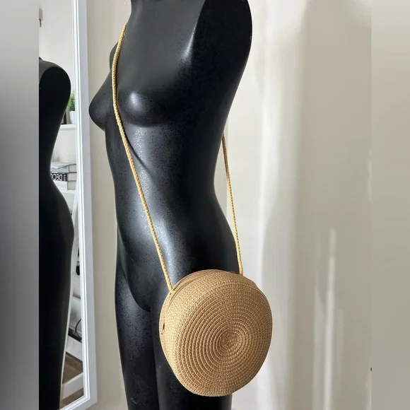Tan Round Straw Crossbody Bag