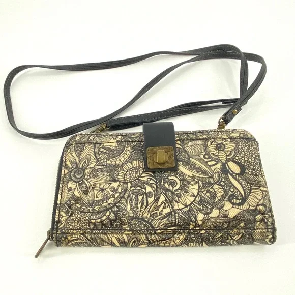 Sakroots Women Black White Floral Doodle Crossbody Wallet Bag Organizer Clutch