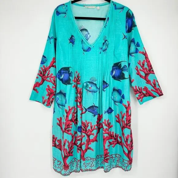 Soft Surroundings Ocean Beach Fish Coverup‎ Tunic Dress Coral Reef Size S