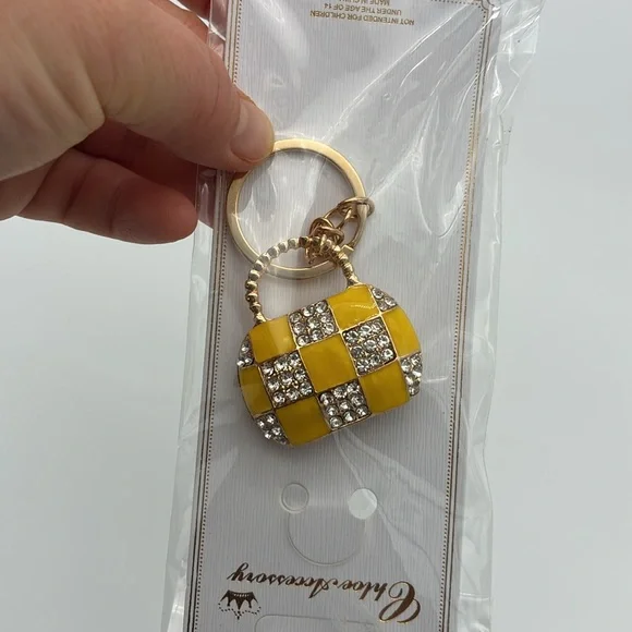 NWT Yellow Checkered bag Keychain with Gold Accents