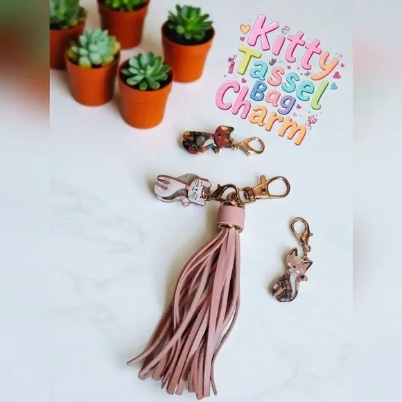 Pink Tassel Bag Charm with Kitty Charms